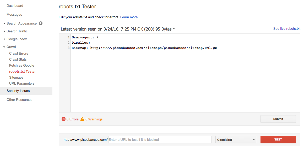 Testing robots.txt on Google Webmaster Tools