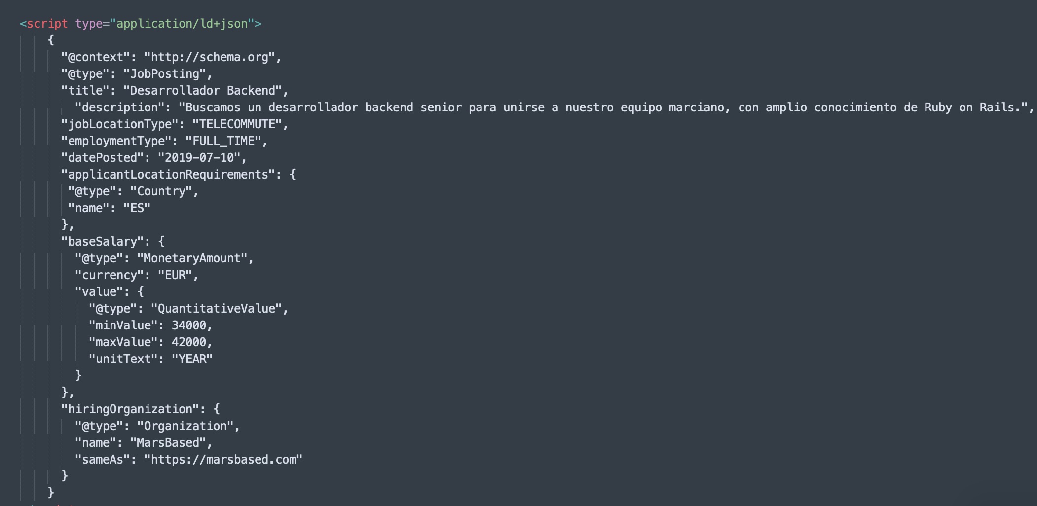 Schema.org code on the MarsBased website